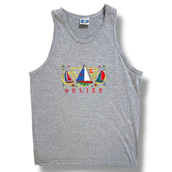 Vintage 90s Belize Sailboat Tank Top Gray Embroidered Cool Souvenir Unisex Large - Picture 1 of 10